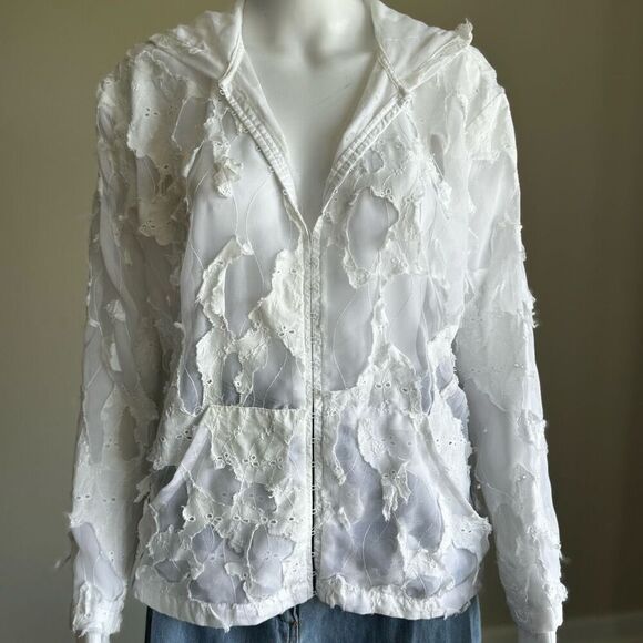 Y2K White Sheer Deconstructed Hoodie Long Sleeve Top - Picture 1 of 12